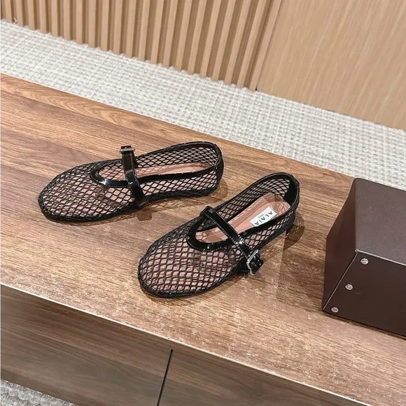 Alaia Black Mesh Mary Jane Flats with Patent Strap - Picture 5 of 7